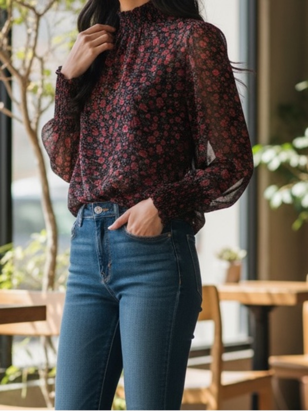 Dynamite Black Sheer Blouse with Red Floral Print | Size XS